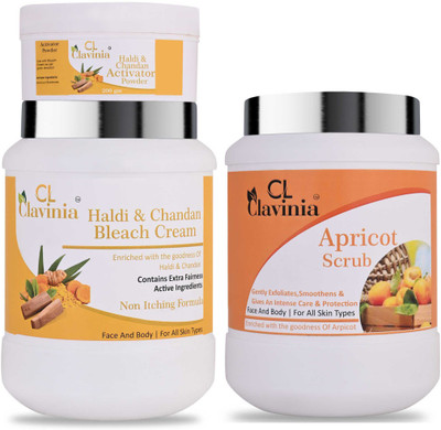CLAVINIA Haldi And Chandan Bleach Cream 1 Kg + Apricot Scrub 1000 ml ( Pack Of 3)(3 Items in the set)