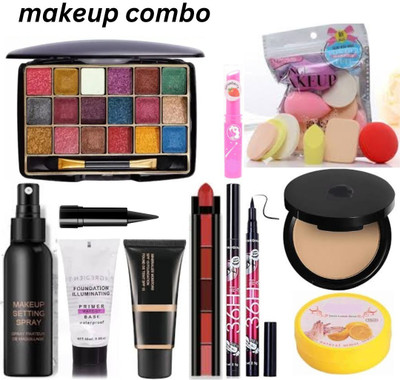 swenky eyeshadow with eyeliner kajal 5in1 lipstick fixer primer compact foundation & blender puff(12 Items in the set)