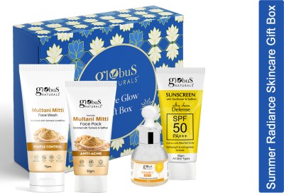 Globus Naturals Summer Radiance Skincare Gift Box-Multani Mitti Face Wash 75g, Multani Mitti Face Pack 50g, Sunscreen 50g & Vitamin C Serum 30ml(4 Items in the set)