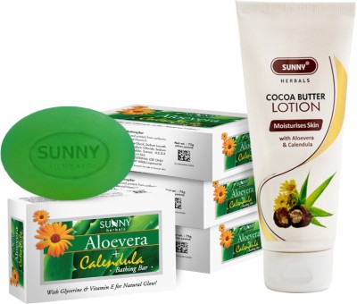 Sunny Herbals Cocoa Butter Lotion 100Ml and Aloevera & Calendula Bathing Bar-75gm x 4(5 Items in the set)