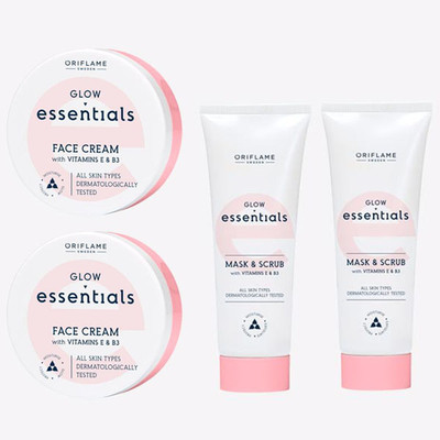 Oriflame ESSENTIALS Glow Essentials Face Cream with Vitamins E & B3 75 ml (pack of 2) ,Mask & Scrub with Vitamins E & B3 75 ml(pack of 2)(4 Items in the set)