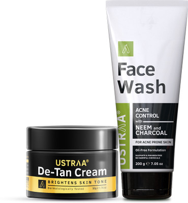 USTRAA Face Wash Acne Control - Neem & Charcoal & De-Tan Cream - Effective Tan Removal(2 Items in the set)