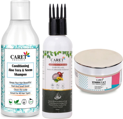 Caret Organic ConditioningAloeveraNeemShampoo(300ml),RedSeedsOnionOil(100ml_ANDVitaminCDailyRadianceCream(50g)(3 Items in the set)