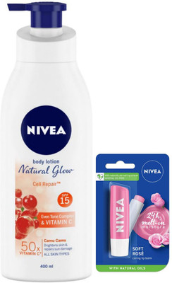 NIVEA Natural Glow Cell Repair Body Lotion 400 ML & Soft Rose Lip Balm(2 Items in the set)