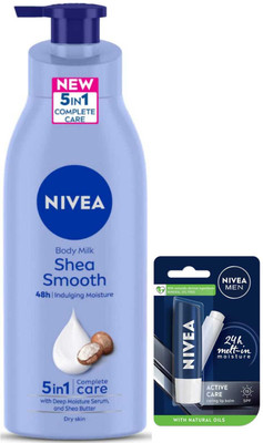 NIVEA Shea Smooth Milk 400ml And Active care Lipbalm Set of 2(2 Items in the set)