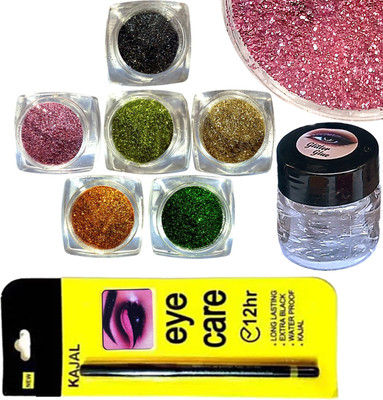 vizo Cosmetic Glitter Powder for Eyeshadow, Nail, Body, Face + KAJAL + Glitter Glue(8 Items in the set)