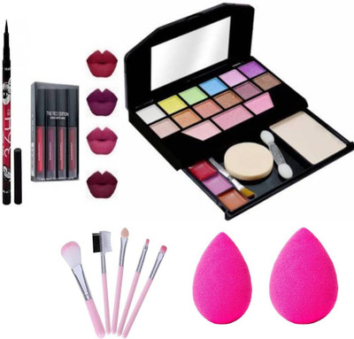 WEEPER All In One 5024 Makeup Kit And 5in1 Makeup Brush Set, 2 Pcs Puff(Multicolor), 36H Eyeliner, 4Pcs Set Red Mini Lipstick(5 Items in the set)