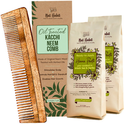 Nat Habit Wooden Kacchi Neem Comb & Henna Paste For Hair Growth & Hairfall |Dual Tooth(3 Items in the set)