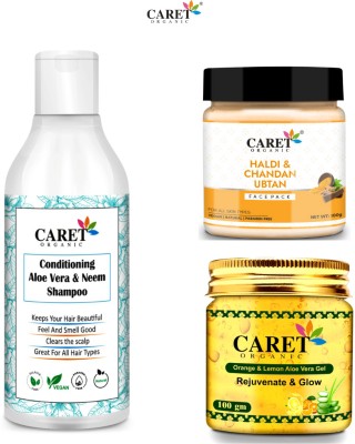 Caret Organic Conditioning Neem Shampoo And Haldi & Chandan Ubtan Face Pack & Vitamin C Aloevera Gel(3 Items in the set)