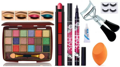 lately 18color eyeshadow with 5in1 lipstick eyeliner eyelash curler glue & puff(9 Items in the set)