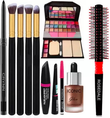 KAATO Kajal & 4in1 Brush & 6155 Makeup Kit & 3in1 Eyeliner & Highlighter & Hair Styling Round Brush (6 Items in the set)(6 Items in the set)