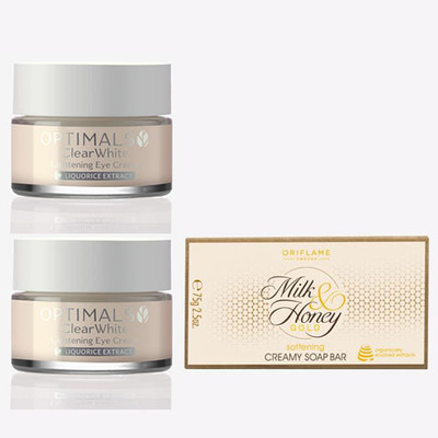 Oriflame OPTIMALS Clear White Lightening Eye Cream 15 ml (pack of 2) , MILK & HONEY Softening Creamy Soap Bar 100 g(3 Items in the set)