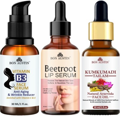 Bon Austin Vitamin B3 Facial Serum, Beetroot Lip Serum & Kumkumadi Tailam/Face Oil (Each, 30ml) Combo Pack of 3 Items(3 Items in the set)