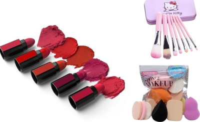 GROOVS 7 pcs makeup brush with storage box and 6 in 1 puff and 5 in 1 lipistic(14 Items in the set)