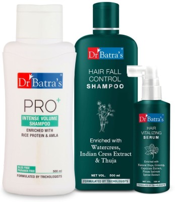 Dr Batra's Hair Vitalizing Serum 125 ml, Hair Fall Control Shampoo - 500 ml and Pro+ Intense Volume Shampoo - 500 ml(3 Items in the set)