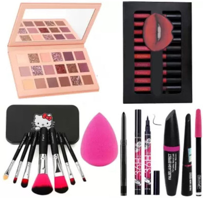Dhanmann Kajal & Sponge Puff+3 in1 36H Black Eyeliner Mascara Eyebrow Pencil & Eyeshadow Palette+7 Makeup Brush+12 Matte Lipsticks(26 Items in the set)