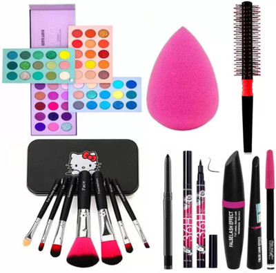 SHEFFO Eyeshadow Pallete Sponge With Hairbrush + Makeup brushes + Kajal + 36Hr + 3in1(15 Items in the set)