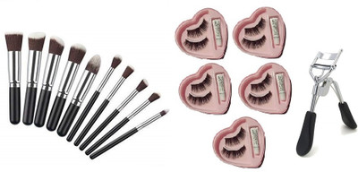Lusty soul 10Pcs Black Multipurpose Makeup Brushes With 5 Pieces Eyelashes and Eyelash Curler(3 Items in the set)