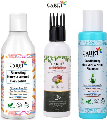 Caret Organic Nourished Honey & Almond Body Lotion And Onion Hair Oil & Neem Aloevera Shmpoo(3 Items in the set)