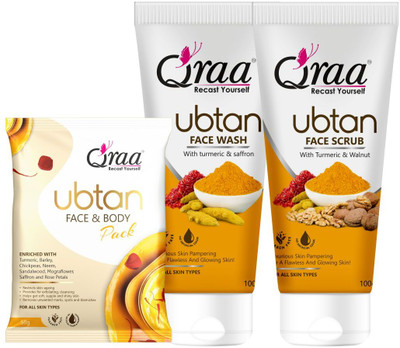 Qraa Ubtan Kit -For Glow And Brightening | Combo Pack Of Ubtan Facewash 100g, Ubtan Scrub 100g & Ubtan Pack 50g  (3 Items In The Set) For Rs. 199 @ 45 %