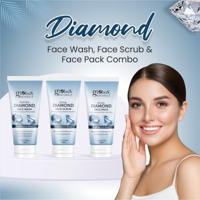 Globus Naturals Shine Boosting Diamond Face Care Combo - Face Wash, Face Scrub, Face Pack(3 Items in the set)