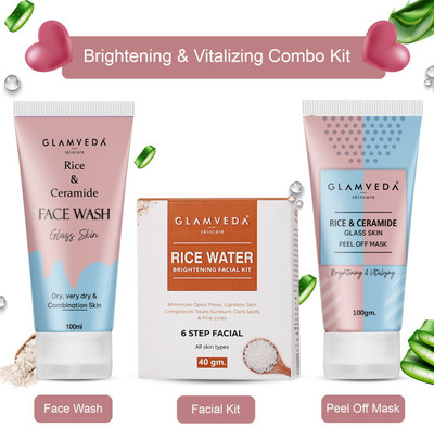 GLAMVEDA Rice & Ceramide Korean Glass Skin Combo Gift Pack ( Face Wash + Facial Kit + Peel Off Mask ) On Flipkart For Rs. 299 @ 59% off
