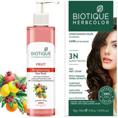 BIOTIQUE Fruit Brightening face wash 200Ml,Herbcolor Natural Brown 3N 50g + 110Ml combo of 2 (360 Ml)(2 Items in the set)