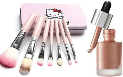 hadleyu 7 Pcs pink color hello kitty makeup brush set for Girls with Iconic Highlighter Combo(2 Items in the set)