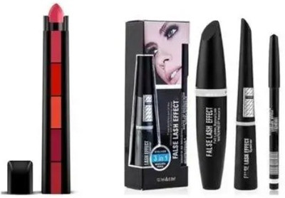 Jollity Red 5 in 1 Lipstick & 3 in 1 (Eyebrow Pencil, Eyeliner, Mascara)(4 Items in the set)