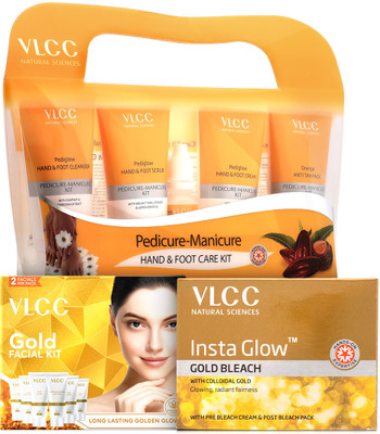 VLCC Salon At Home Combo - Gold Facial Kit - 60 g, Gold Bleach - 60 g, Pedicure & Manicure Kit - 210 g(3 Items in the set)