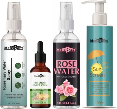 Mensport Rosemary Spray 100ml, HairGrowth Serum 30ml, RoseWater 100ml & Sunscreen 100ml(4 Items in the set)