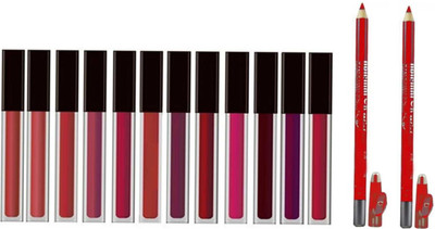 Yuvami's Professional 12 Pcs Waterproof & Smudge Proof Liquid Lipsticks With 2 Pcs Red Lip Liners(14 Items in the set)