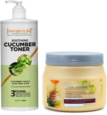 Aaryanveda Cucumber Toner for clearer skin (1 litre) with Honey almond cream for glowy skin (400 gm) for Men and Women for all skin types(2 Items in the set)