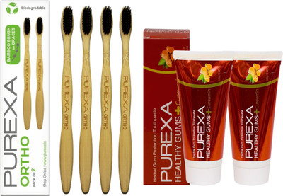 PUREXA Combo Pack of 2 Healthy Gums Toothpaste For Bleeding Gums & 4 Orthodontic Toothbrush For Braces Extra Soft Toothbrush(6 Items in the set)