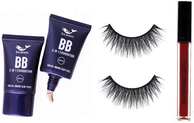 BLUEMERMAID STUNNING MAKEUP COMBO BB FOUNDATION + 3D EYELASHES & RED LIQUID LIPSTICK(3 Items in the set)