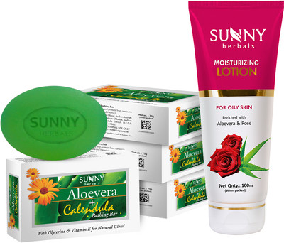 Sunny Herbals Moisturizing Lotion (With Aloevera & Rose)-100 Ml and Aloevera & Calendula Bathing Bar-75gm x 4(5 Items in the set)
