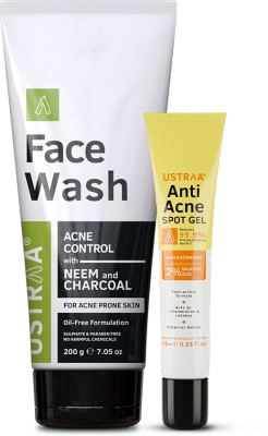 USTRAA Face Wash Acne Control - With Neem & Charcoal - 200 g & Anti-Acne Spot Gel with Neem & Vitamin B3 - 15ml(2 Items in the set)