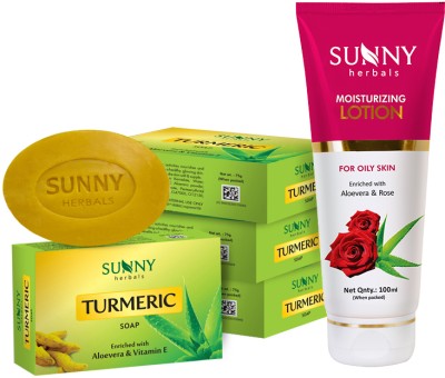Sunny Herbals Moisturizing Lotion (With Aloevera & Rose)-100 Ml and Turmeric Soap-75gm x 4(5 Items in the set)