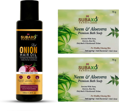 Subaxo Herbal Red Onion Hair Oil 100 ml & Neem,Aloevera Soap 2 Pc Each 75 G(3 Items in the set)