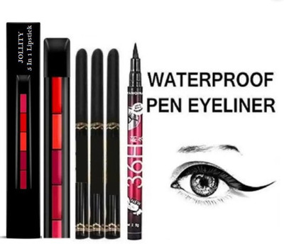 Jollity 5 In 1 Creamy Lipstick & 3 Piece Water Smudge Proof Kajal & 36 Hour Deep Black Eyeliner(5 Items in the set)