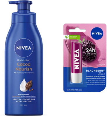 NIVEA COCOA NOURISH BODY LOTION 400 ML & BLACKBERRY SHINE LIP BALM 4.8G(2 Items in the set)