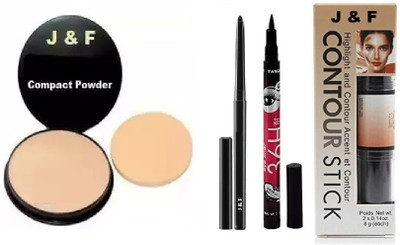 J & F Face Compact Powder,Kajal,Eyeliner,Contour Stick(4 Items in the set)