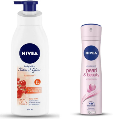 NIVEA Natural Glow Cell Repair Body Lotion -400ml & Pearl & Beauty Deodorant -150ml(2 Items in the set)