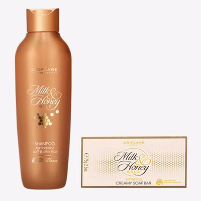 Oriflame MILK & HONEY GOLD Shampoo for Radiant, Soft & Silky Hair 250 ml with MILK & HONEY GOLD Softening Creamy Soap Bar 100 g(2 Items in the set)