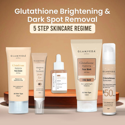 GLAMVEDA Glutathione 5 Step Routine with Pouch | Face Wash, Serum, Cream, Eye Gel & Sunscreen| Skin whitening & brightening kit|Skincare|(5 Items in the set)