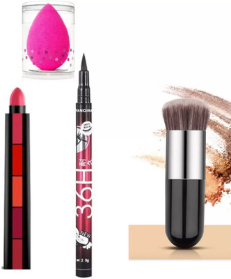 SHEFFO Eyeliner + Matte 5in1 Lipsticks + Pack of 1 Puff +Foundation Soft Makeup Brush(4 Items in the set)