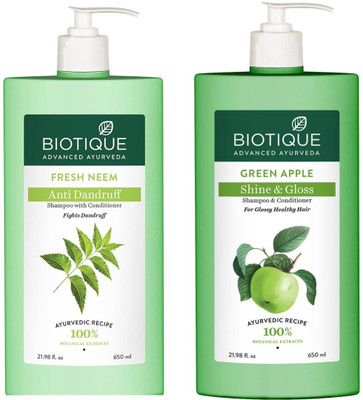 BIOTIQUE Freesh neem anti dandraff shampoo 650Ml, Green apple shine & gloss shampoo 650Ml combo pack of 2 ( 1300 Ml)(2 Items in the set)
