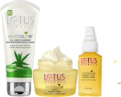 LOTUS HERBALS WhiteGlow 3 In 1 Deep Cleansing Skin Brightening Facial Foam With Vitamin C Gel Cream & Radiance Serum(3 Items in the set)