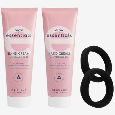 Oriflame ESSENTIALS Glow Essentials Hand Cream with Vitamins E & B3 75 ml (pack of 2) with Highly Elastic Black Rubber Bands 2 piece(4 Items in the set)