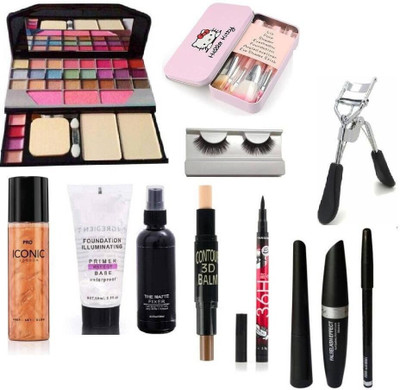 Lenon Pro Ultra 7pcs Makeup Brush set with TYA makeup kit,3D contour stick,Primer, Fixer, Waterproof 36H Sketch eyeliner and 3in1 Combo set ,eyelashes curler and eyelashes With Pro Studio Iconic Prep & Set & Glow Primer - 120 ml(10 Items in the set)